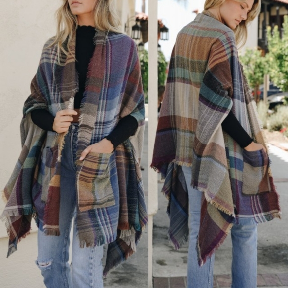 Accessories - Plaid Pocket Ruana Poncho Blanket Sweater Scarf